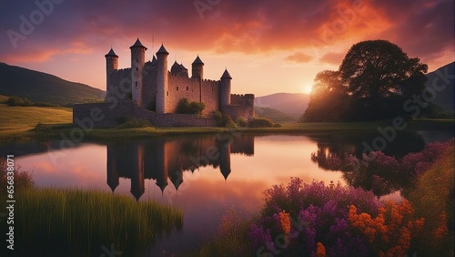 An ancient stone castle, intricately carved and surrounded by a moat, set against a backdrop of rolling green hills and a sky painted with hues of orange and purple as the sun sets