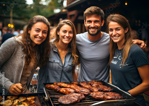 Smiling people having a barbecue in their backyard
