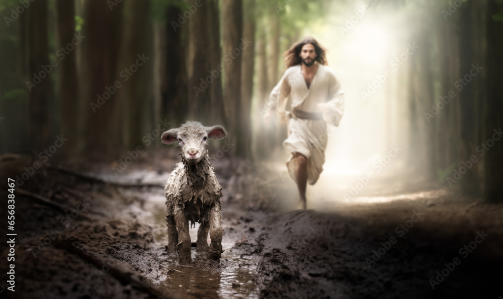  Divine Redemption: Lord Jesus Christ, Saving a Lost Lamb. Religion. - obrazy, fototapety, plakaty 