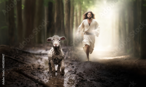  Divine Redemption: Lord Jesus Christ, Saving a Lost Lamb. Religion.