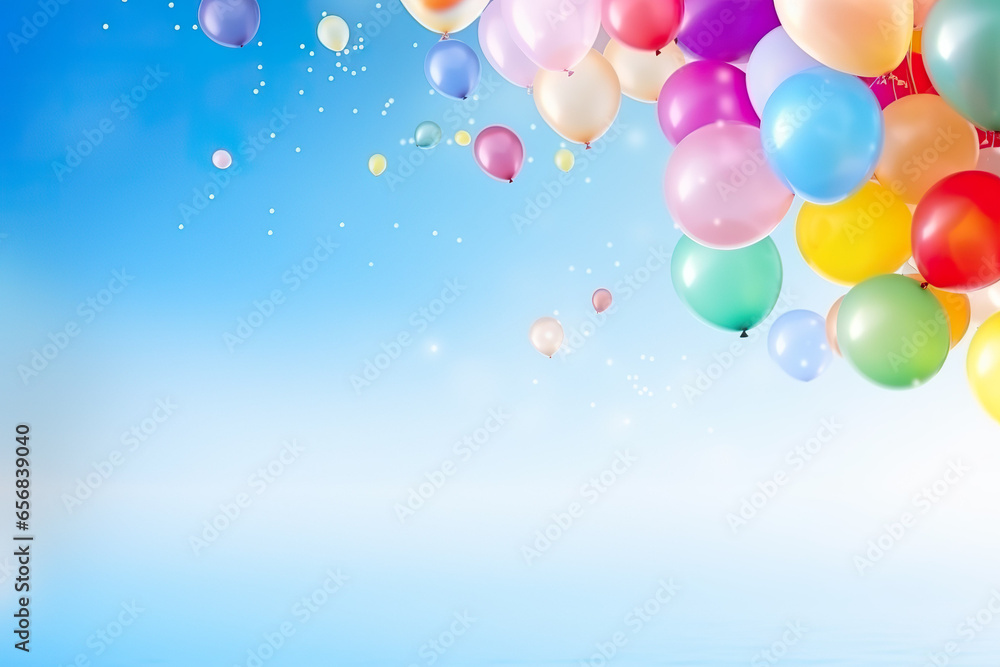 Colorful balloons flying on blue sky background. 
