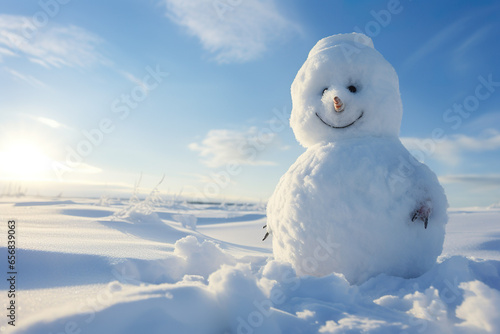 Snowman on the frozen snow background. 