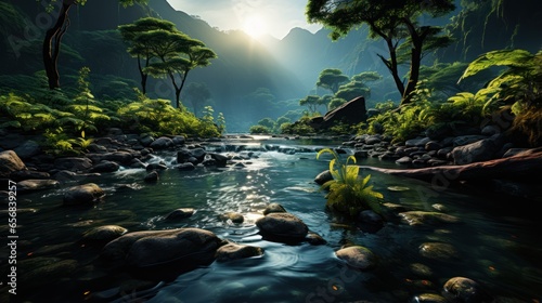 beautiful river flow in tropical forest with beautiful natural scenery in the forest. With a beautiful lower waterfall