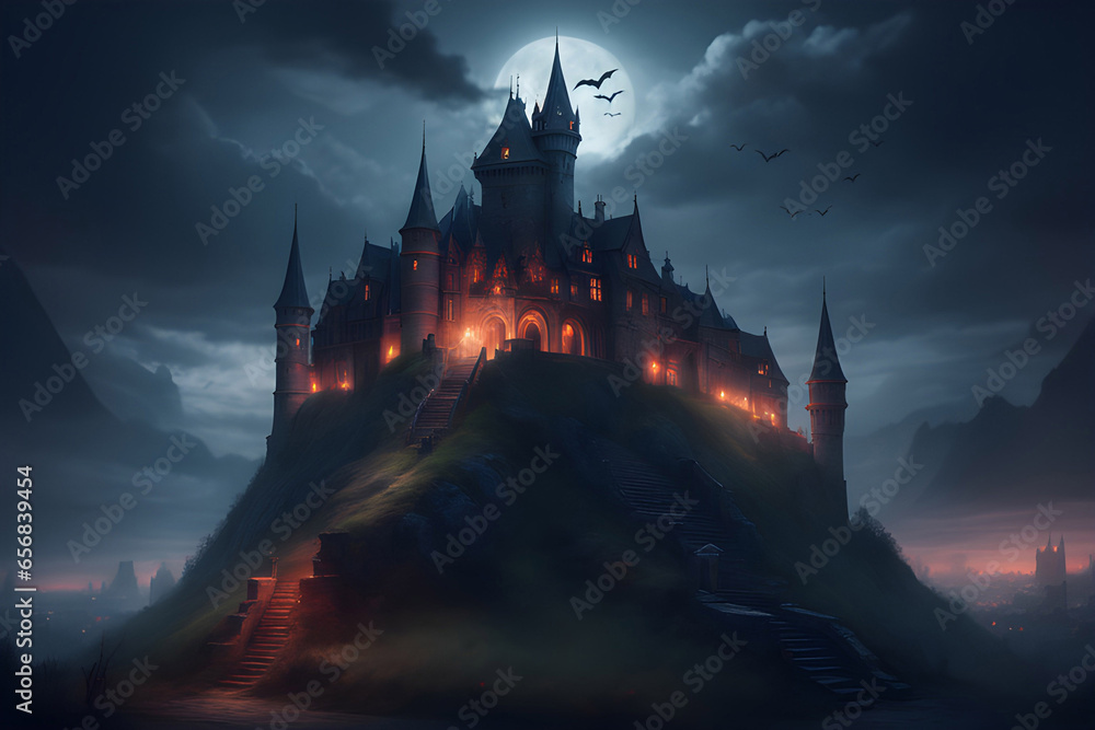 A vampire's castle on a hill in the moonlight.
