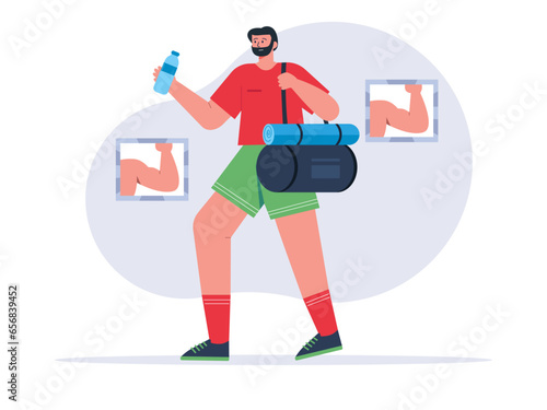 Man entering gym with duffel bag. Exercise flat vector illustration.