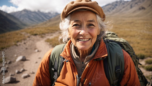 elderly backpacker woman trekking in the mountains, in Argentine Patagonia, ascending to the peak, nomadic lifestyle, world travel