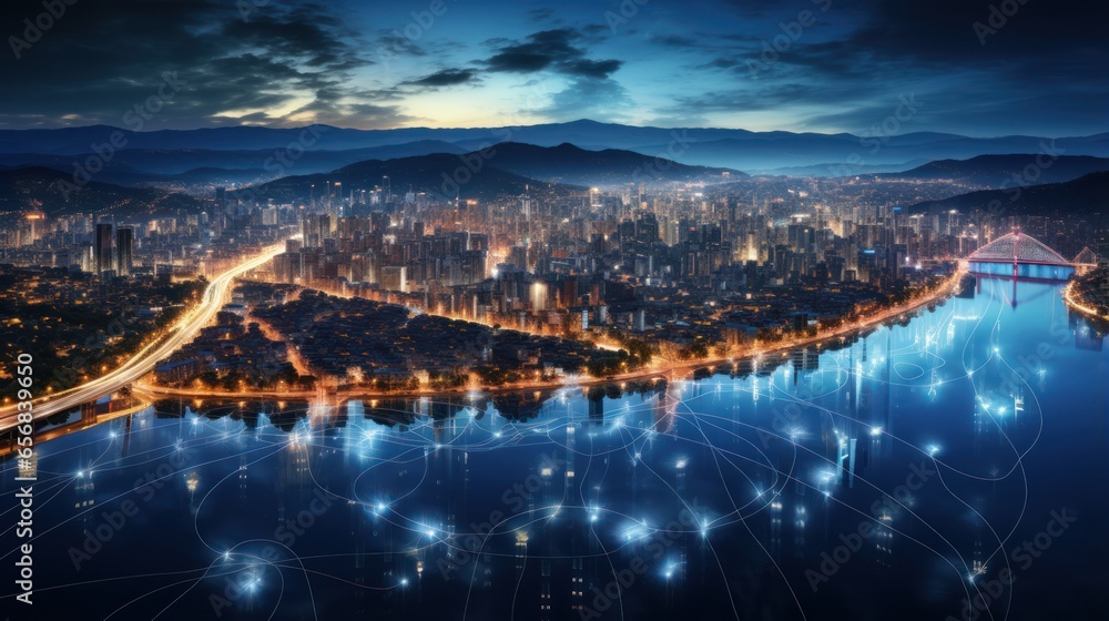 Fototapeta premium Cityscape telecommunication and communication network concept.Modern city connected using 5G high technology