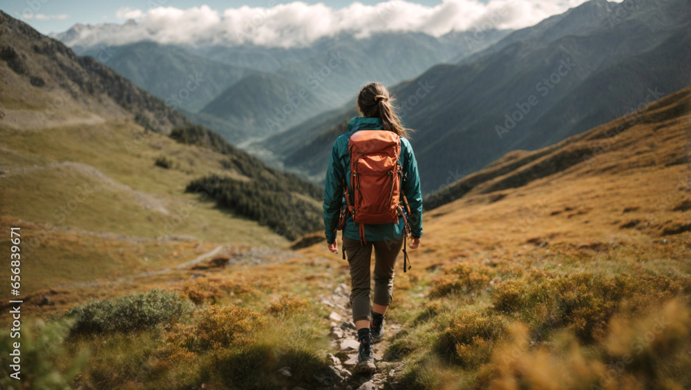 traveler woman, trekking, walking and descending from the mountain peak in Argentine Patagonia, world trip traveler woman, trekking, walking and descending from the mountain peak in Argentine Patagonia, world trip
