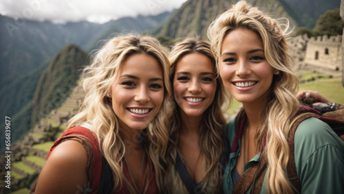 triplet sisters taking selfie smiling at machu picchu ruins, peru, family vacation, world travel