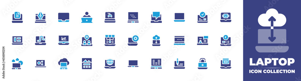 Laptop icon collection. Duotone color. Vector and transparent illustration. Containing laptop, settings, outside, programmer, online booking, virtual event, online learning, landing page, and more.