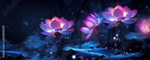 fluorescent lotus flowers at night in the moonlight. AI Generation 