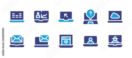 Laptop icon set. Duotone color. Vector illustration. Containing laptop, question, virtual event, music equalizer, email, cloud, avatar, online learning, dating app. © Huticon