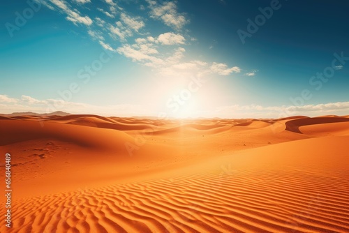 A sprawling desert stretches, golden dunes undulating beneath a blazing, sapphire sun