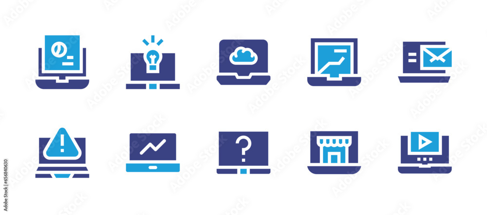 Laptop icon set. Duotone color. Vector illustration. Containing laptop, analytics, data analysis, online shopping, mail, video player.