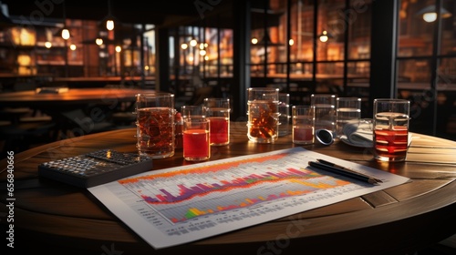 Business charts graphs on tables. Financial developments on the table with food and drinks