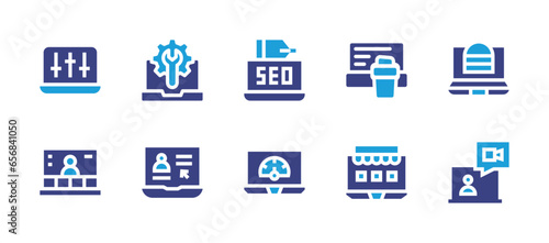 Laptop icon set. Duotone color. Vector illustration. Containing technical support, online review, coffee cup, online shopping, setup, order food, meeting, videocall, seo, hardware.