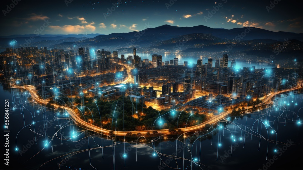 City view at night with futuristic smart city connecting point technology concept with 5G smart phone