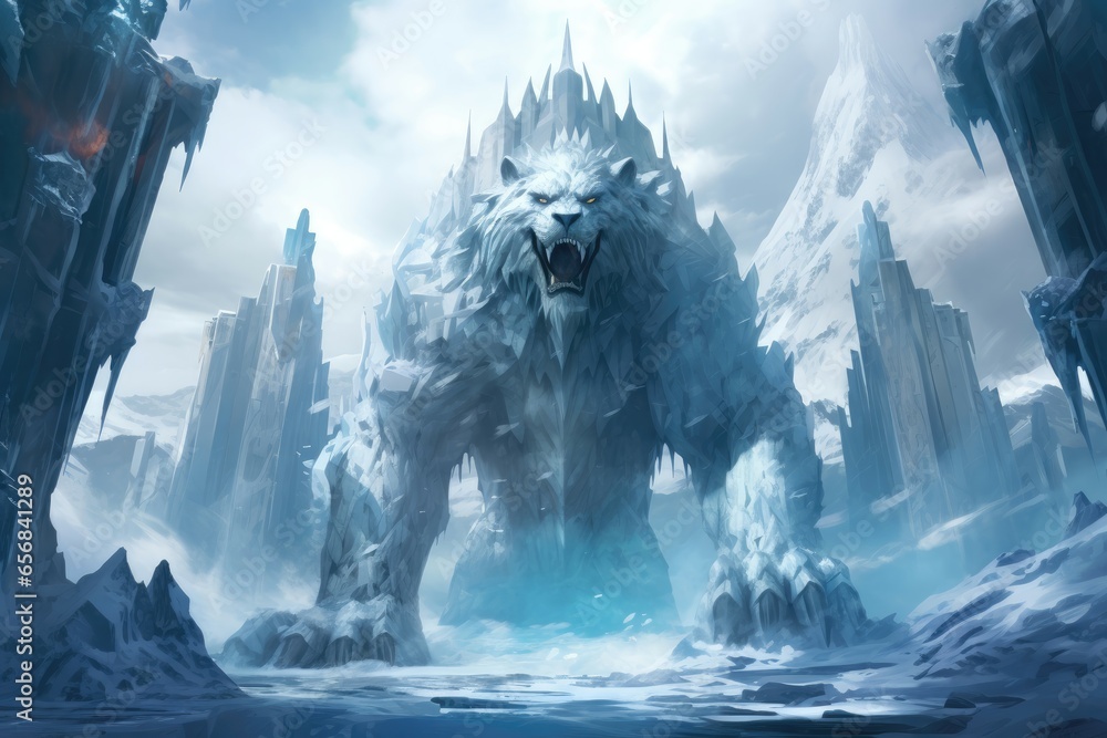 At the heart of the frozen tundra, a crystal citadel rises from the ice, protected by elemental