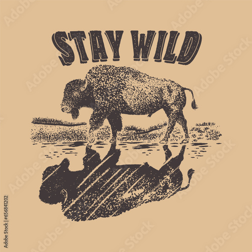 American bison illustration drawing graphic sketch design style silhouette vintage western t shirt farm