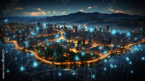 City view at night with futuristic smart city connecting point technology concept with 5G smart phone © hanif