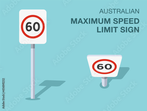 Traffic regulation rules. Isolated australian maximum speed limit sign. Front and top view. Flat vector illustration template.