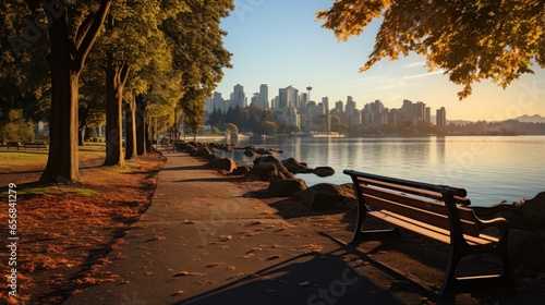 Sunrise with beautiful city background, lakes and green parks photo