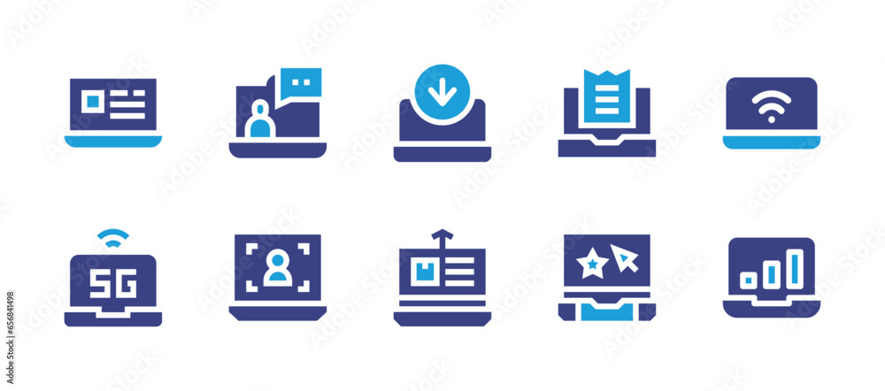 Laptop icon set. Duotone color. Vector illustration. Containing laptop, laptop computer, input, tracking, comments, video conference, online tax, rating.