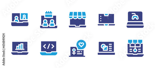Laptop icon set. Duotone color. Vector illustration. Containing laptop, meeting, coding, videocall, videogame, bar chart, seo, online store, like. © Huticon
