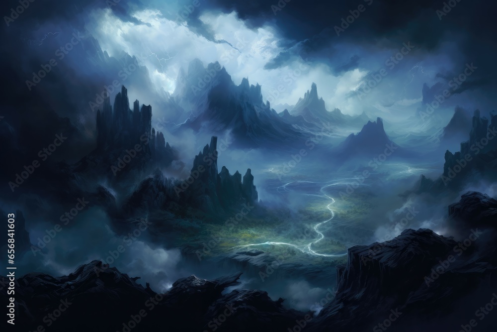 Beneath the obsidian sky, floating stone archipelagos drift amidst ethereal mists, where thunderstorms of elemental magic crackle and reshape the very landscape.