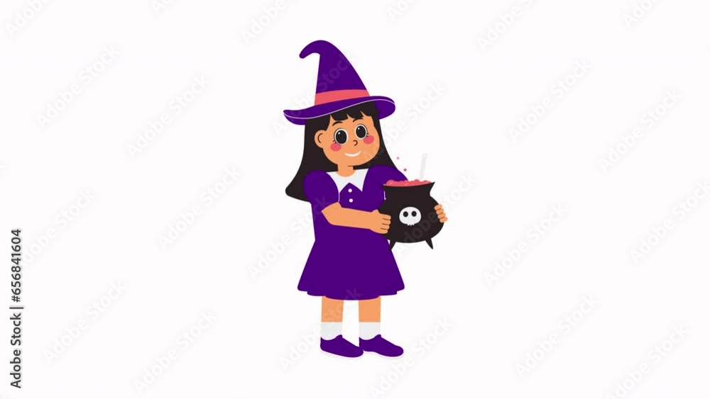 Cute Halloween Character Animations Little Witch Holding a witch's Cauldron Cute Halloween Character Animations Little Witch Holding a witch's Cauldron