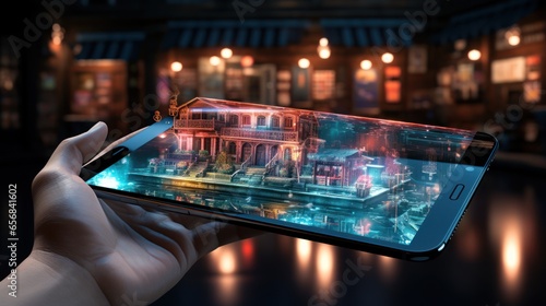 closeup image of hand holding smart phone with hologram display