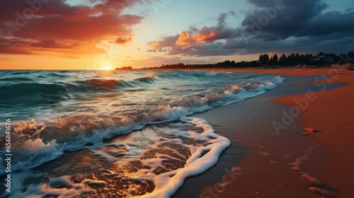 Beautiful beach views. Inspiring tropical beach seascape skyline. Orange sunset sky and soothing summer sunshine. © hanif