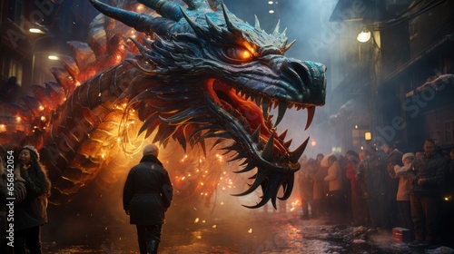 dragon in the night. dragon. dragon burning in fire. fire dragon. dragon head. the dragon looks at me. big dragon. symbol of the year dragon. symbol. year © Drew