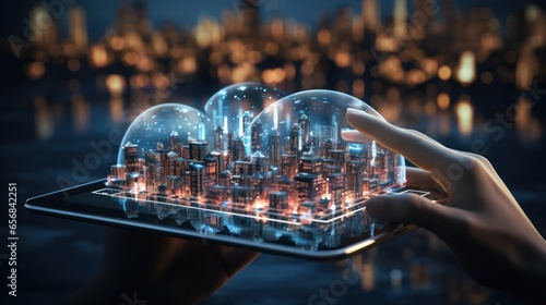 Cloud technology in smart city concept, human hand carrying digital tablet, megapolis city skyscrapers and digital social networks