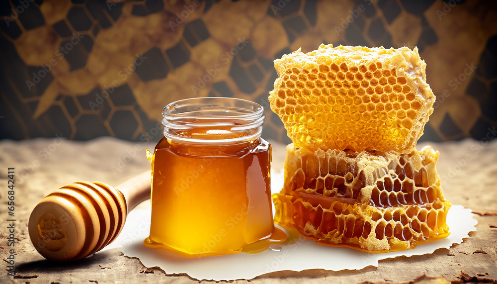 Fresh honeycomb, honey products by organic natural ingredients concept. Generative AI Fresh honeycomb, honey products by organic natural ingredients concept. Generative AI
