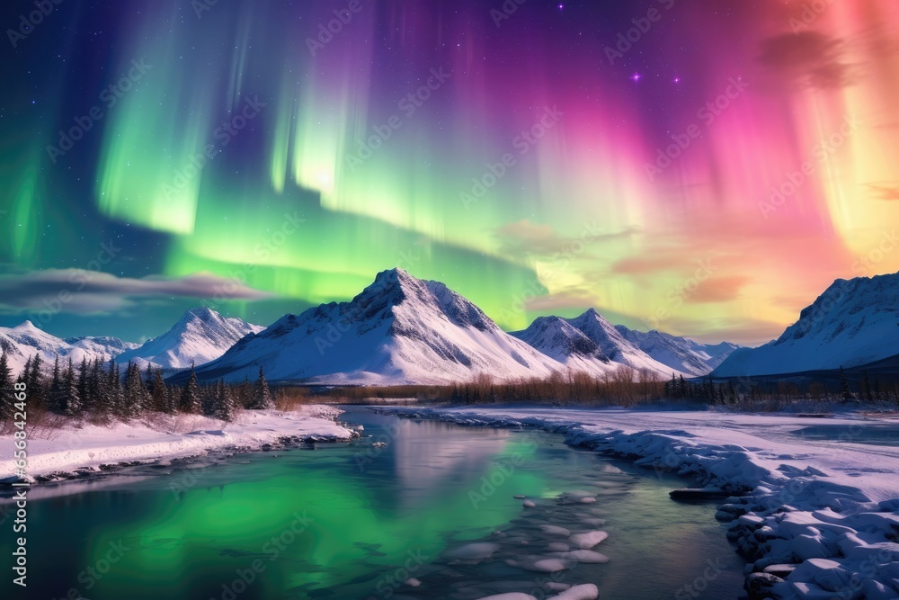 Frozen tundras glisten in the aurora's embrace, ethereal colors dancing above icy landscapes.