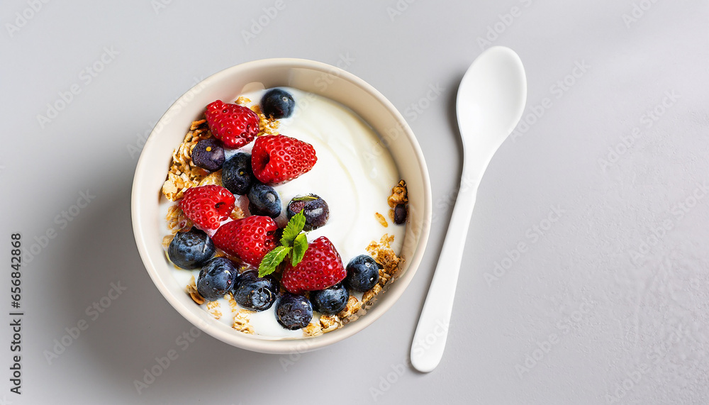 Tasty granola yogurt and fresh berries in bowl on white background. Generative AI Tasty granola yogurt and fresh berries in bowl on white background. Generative AI