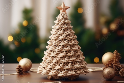 christmas tree with decorations. knitted Christmas tree as a gift.  toy tree for the holiday.  cool tree made of threads