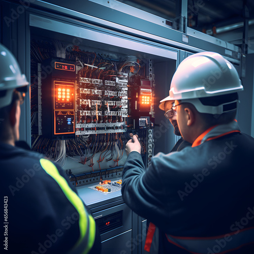 OHS inspector using a thermal imaging camera to identify potential electrical hazards in a power distribution panel