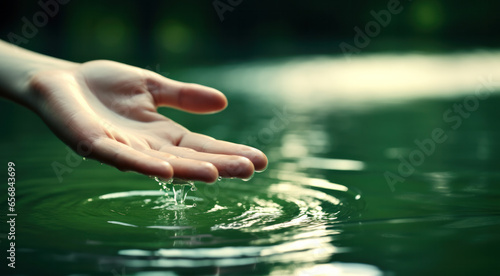 A hand touching the surface of a lake