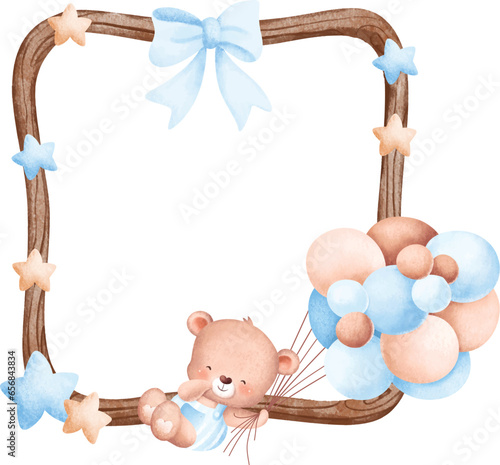 Watercolor illustration wooden frame with cute baby teddy bear and balloon