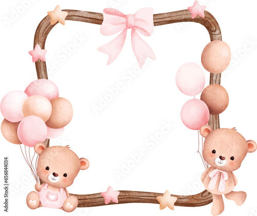 Watercolor illustration wooden frame with cute baby teddy bear and balloon