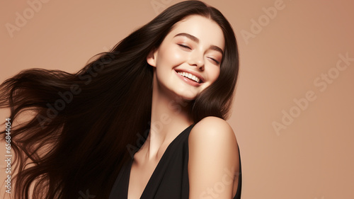 Haircare theme with beautiful woman with long black hair