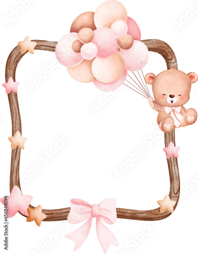 Watercolor illustration wooden frame with cute baby teddy bear and balloon