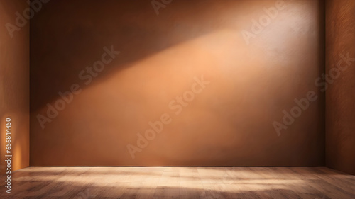 Background image of an empty room in brown color with the play of light and shadow on the walls and floor for design or creative work. Great for product presentations and mockups.
