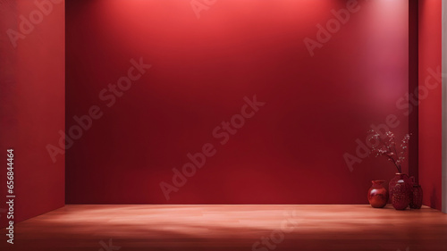 Gambar latar belakang kamar kosong berwarna merah mewah bergaya Cina dengan sebuah pot indah disebelah kanan ruangan. permainan cahaya dan bayangan di dinding dan lantai untuk presentasi dan template  photo