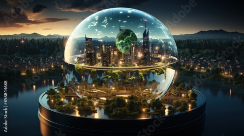 green city in beautiful glass ball with blur background