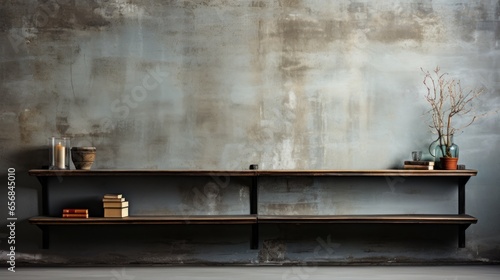 Interior Room Gray Walls Concrete Background and Cement Floor Shelves