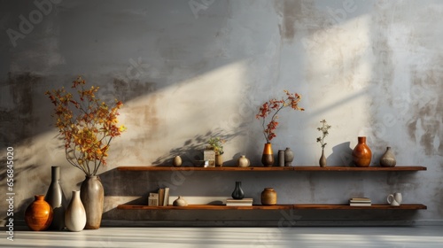 Interior Room Gray Walls Concrete Background and Cement Floor Shelves