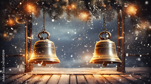A collection of golden bell ornaments hanging on a snowy christmas background radiating elegance and festive cheer 